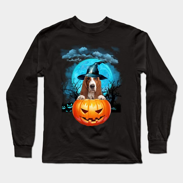 Basset Hound Witch Hat Pumpkin And Blue Moon Halloween Long Sleeve T-Shirt by Centorinoruben.Butterfly